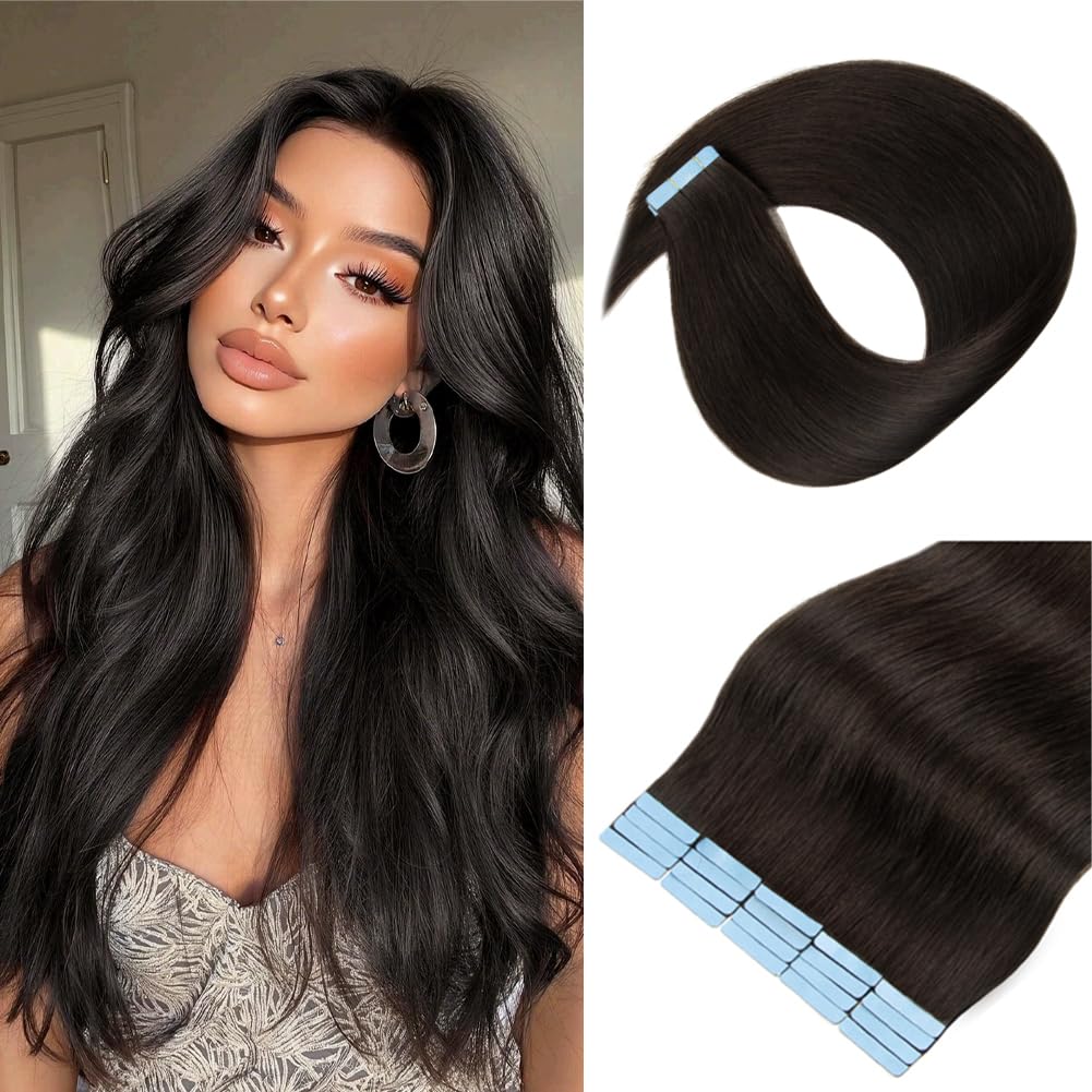 Tape in Hair Extensions Human Hair, 18 Inch Natural Black Hair Extensions Real Human Hair Tape in Extensions 20pcs 50g Seamless Invisible Skin Weft Straight Remy Human Hair Extensions for Women Girls