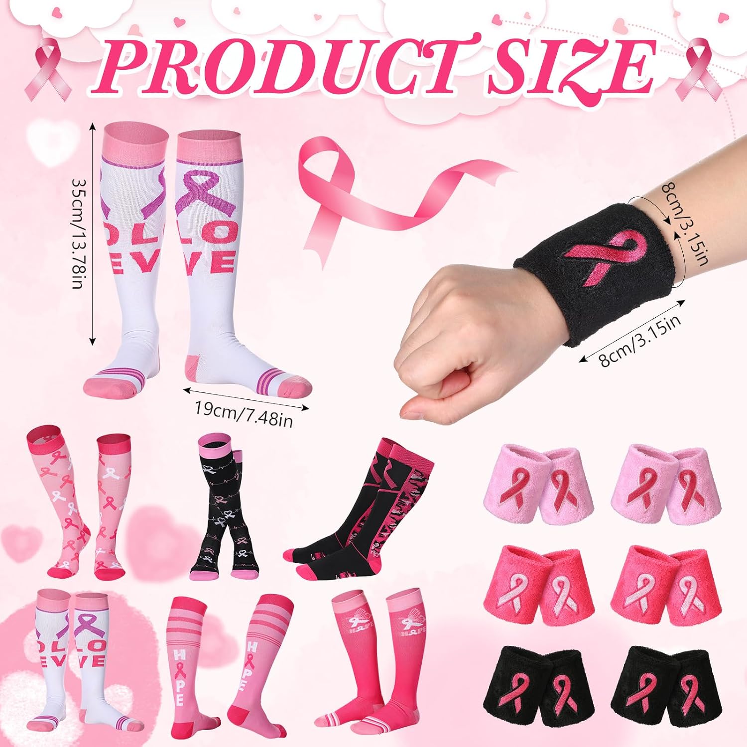 6 Pairs Womens Breast Cancer Awareness Socks and 6 Pairs Pink Ribbon Wristbands Soft Pink Ribbon Sport Sock Knee High Event Socks Pink Sweatbands for Women Sport Football Gifts
