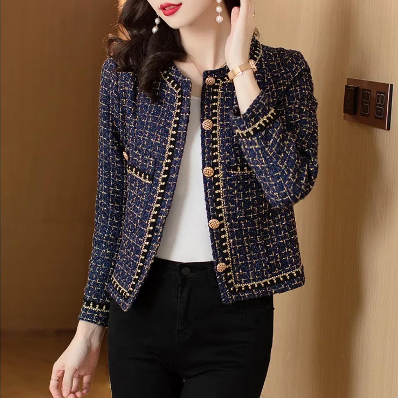 Tweed Blazer Damen im Chanel Stil | Damen Elegante Rundhals Tweed Jacken Kleine Duftende Stil Jacke Mantel Tops