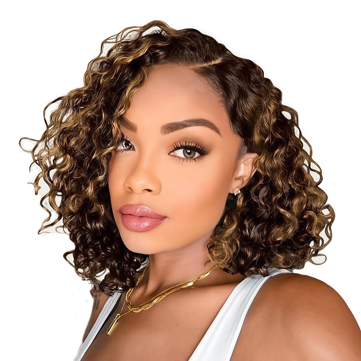 Apeasex 14 Inch Highlight Curly Bob Wig Human Hair Glueless Wigs for Black Women P4/27 Shoulder Length Curly Human Hair Wig Ombre Honey Blonde Lace