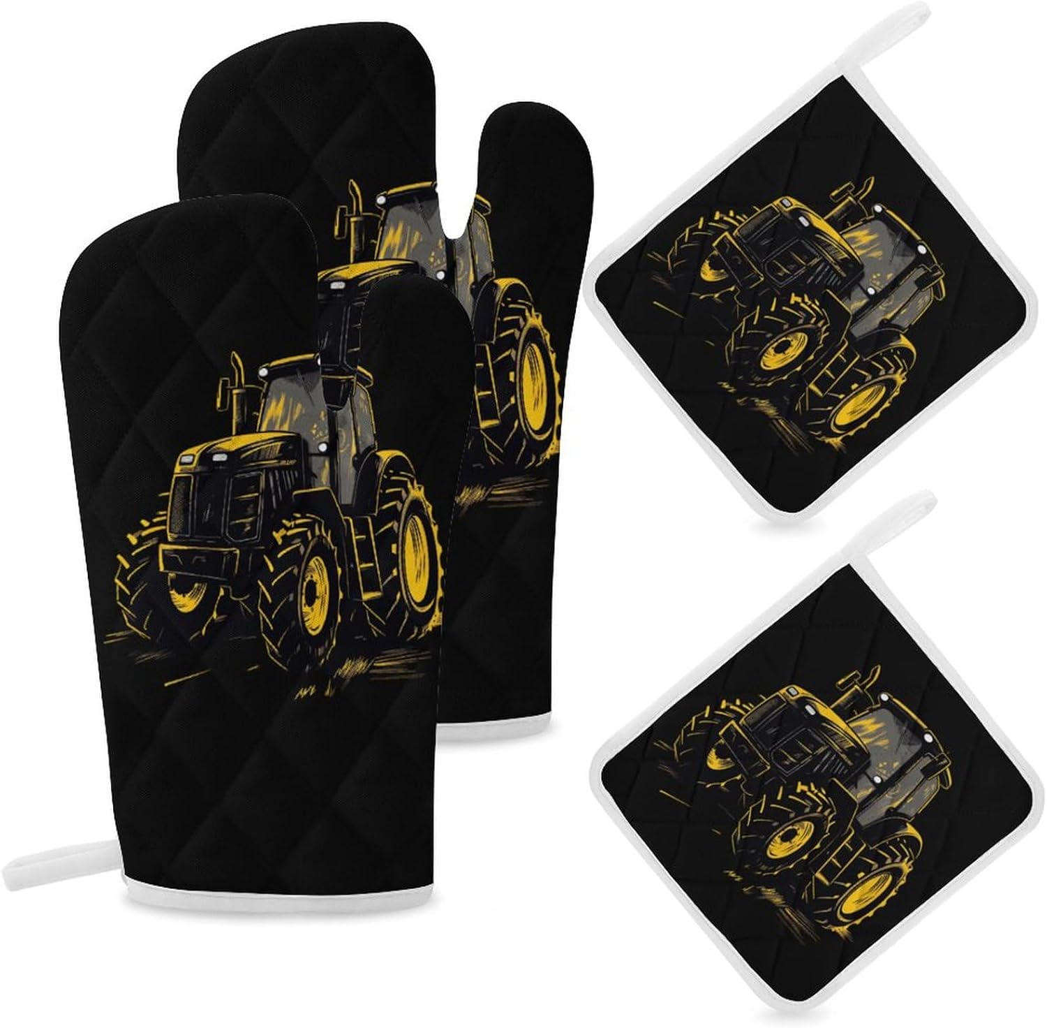 Tractor 4 Pcs Oven Mitts and Pot Holders Set High Heat Resistant Long Kitchen Oven Glove Potholders