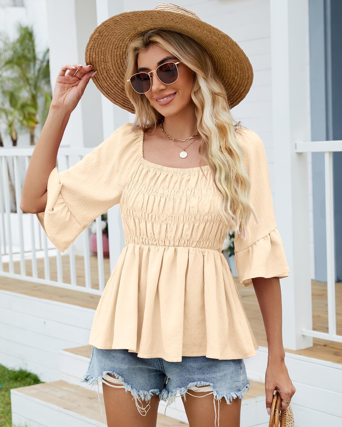 HEYTALALA Womens 3/4 Sleeve Tops Dressy Casual Square Neck Summer Peplum Blouses Ruffle Sleeve Babydoll Shirts 2025 Trendy - Image 5