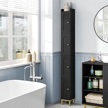 Hzuaneri 4-Tier Narrow Tall Storage Cabinet, Slim Bathroom Storage Cabinet with 4 Adjustable Feet and Shelves, Bathroom Organization for Small Space, Kitchen, Living Room, Laundry Room Black BC42204G