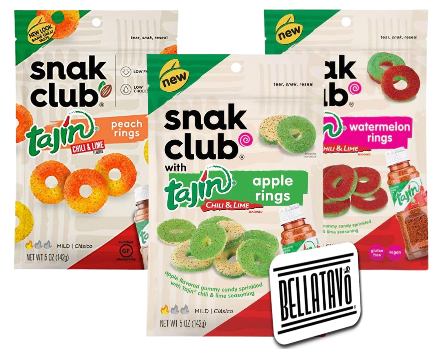 Fruit Rings Candy Bundle. Includes Three-5 Oz Bags of Snak Club Tajin Gummy Rings and a BELLATAVO Fridge Magnet. One of Each Flavors of Gummy Rings: Peach Rings, Watermelon Rings, and Apple Rings! - Variety Pack