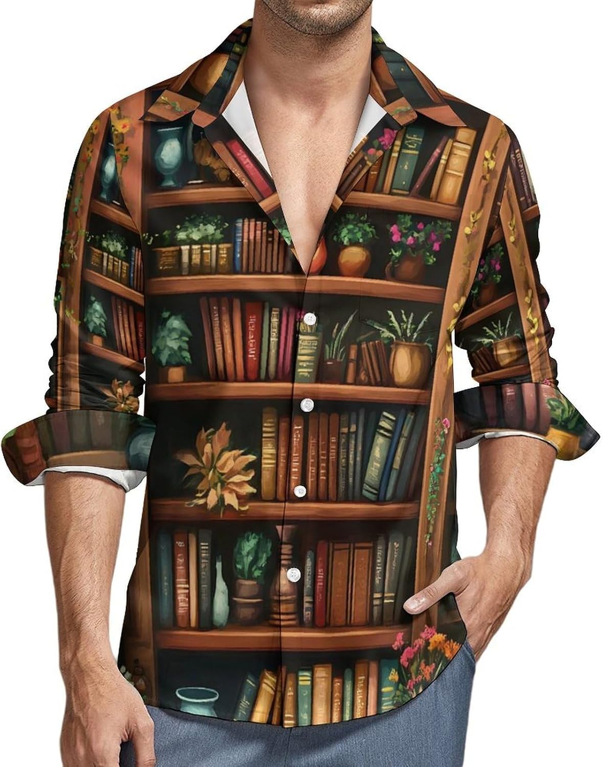 Bookshelf Plant Long Sleeve Shirts Casual Dress Shirt Button-down T-shirts for Men