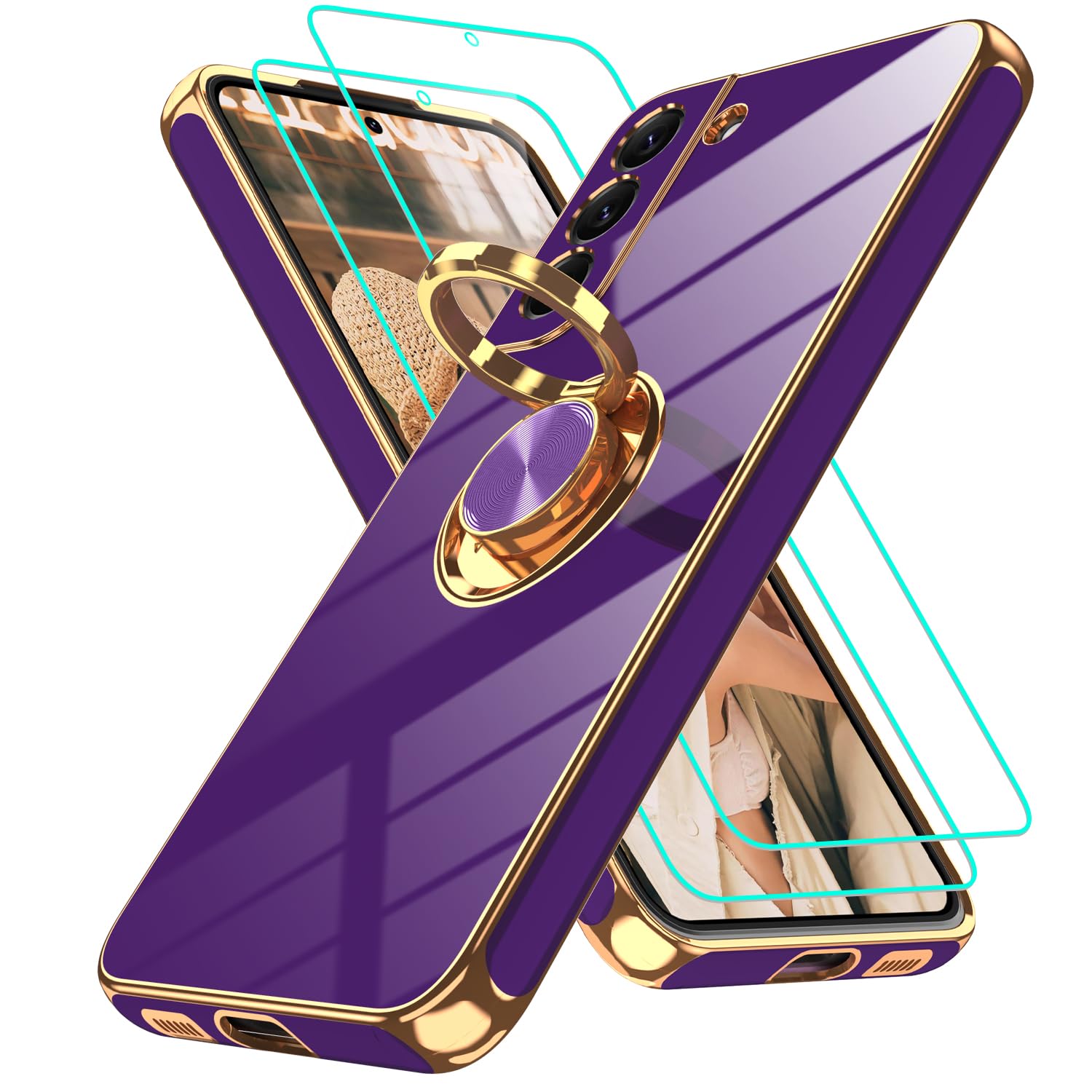 Gritup Slim Fit Case for Samsung Galaxy S Series,Shockproof Soft Cover with 2 Pcs HD Screen Protectors,and Built-in Ring Kickstand Phone Cover