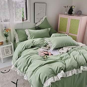 Ruffle Bed Linen 135 x 200 cm Green White Romantic Ruffle Bedding Set Super Soft Microfibre Summer Green Duvet Cover with Pillowcase 80 x 80 cm Zip