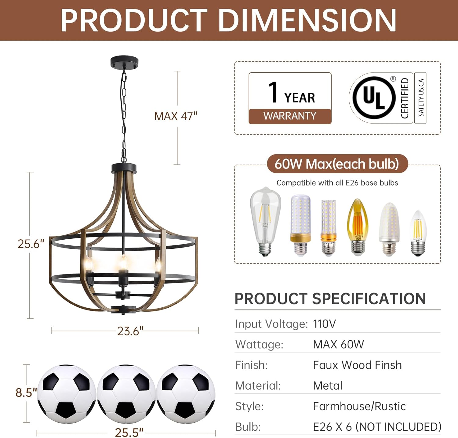 23.6" Farmhouse Chandelier for Dining Room, 6-Light Rustic Faux Wood Pendant Light Fixtures, Foyer Chandelier for Entryway Kitchen Island Bedroom Living Room