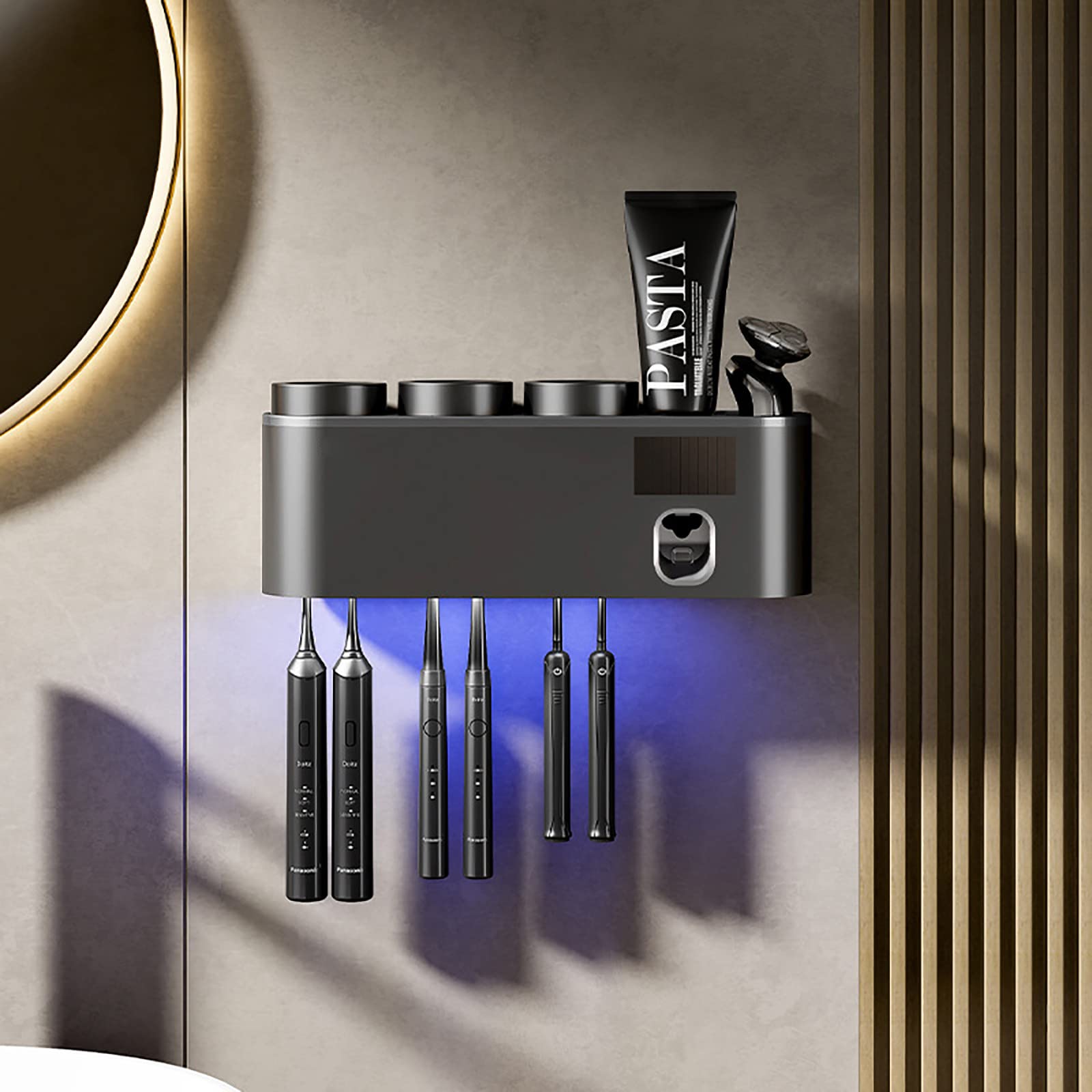 Porta Spazzolino Elettrico, Porta Spazzolino Parete, Porta Testine Spazzolino Elettrico, Sterilizzatore UV per 6 Fessure per Spazzolini Multifunzione Ricaricabile Solare Nero