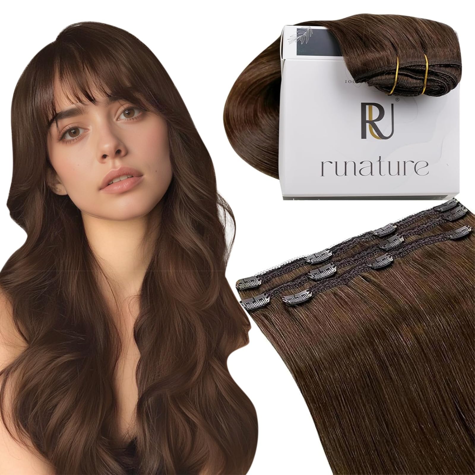 RUNATURE Human Hair Clip in Extensions, Brown Clip in Hair Extensions Real Human Hair, Remy Hair Extensions Clip Ins, Long Straight Hair, Easy to