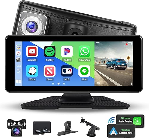 Hikity Estéreo inalámbrico portátil para automóvil CarPlay con cámara de salpicadero, pantalla IPS Touchsceen de 6.86 pulgadas, pantalla automática