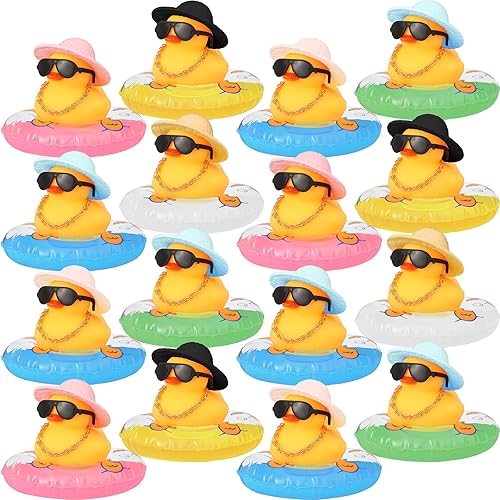 16 piezas de pato de goma para decoración de tablero de automóvil, accesorios de coche de pato amarillo con mini sombrero, anillo de natación,