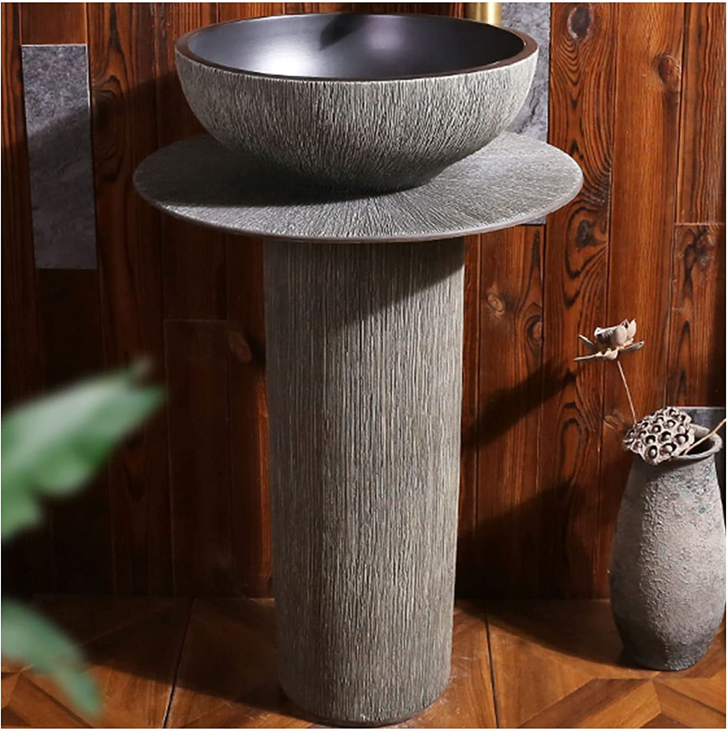 OLSKFUH Freestanding Pedestal Sink Floor Standing Art Sink Pedestal Sink, Contemporary Bathroom Sinks, Compact Corner Sinks, Home Bathroom Kaolin Clay Vessel Sinks Combo For Indo,A-Three piece set