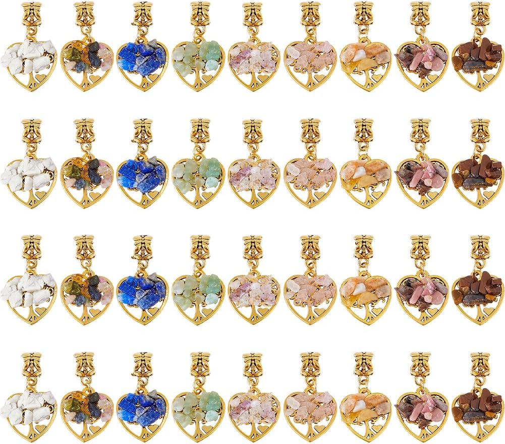 SUPERFINDINGS 36Pcs 9 Styles Tree of Life Charms 1.14 Inch Crystal Pendant Gemstone Chip Tree Pendants for DIY Jewelry Making Necklace Earring