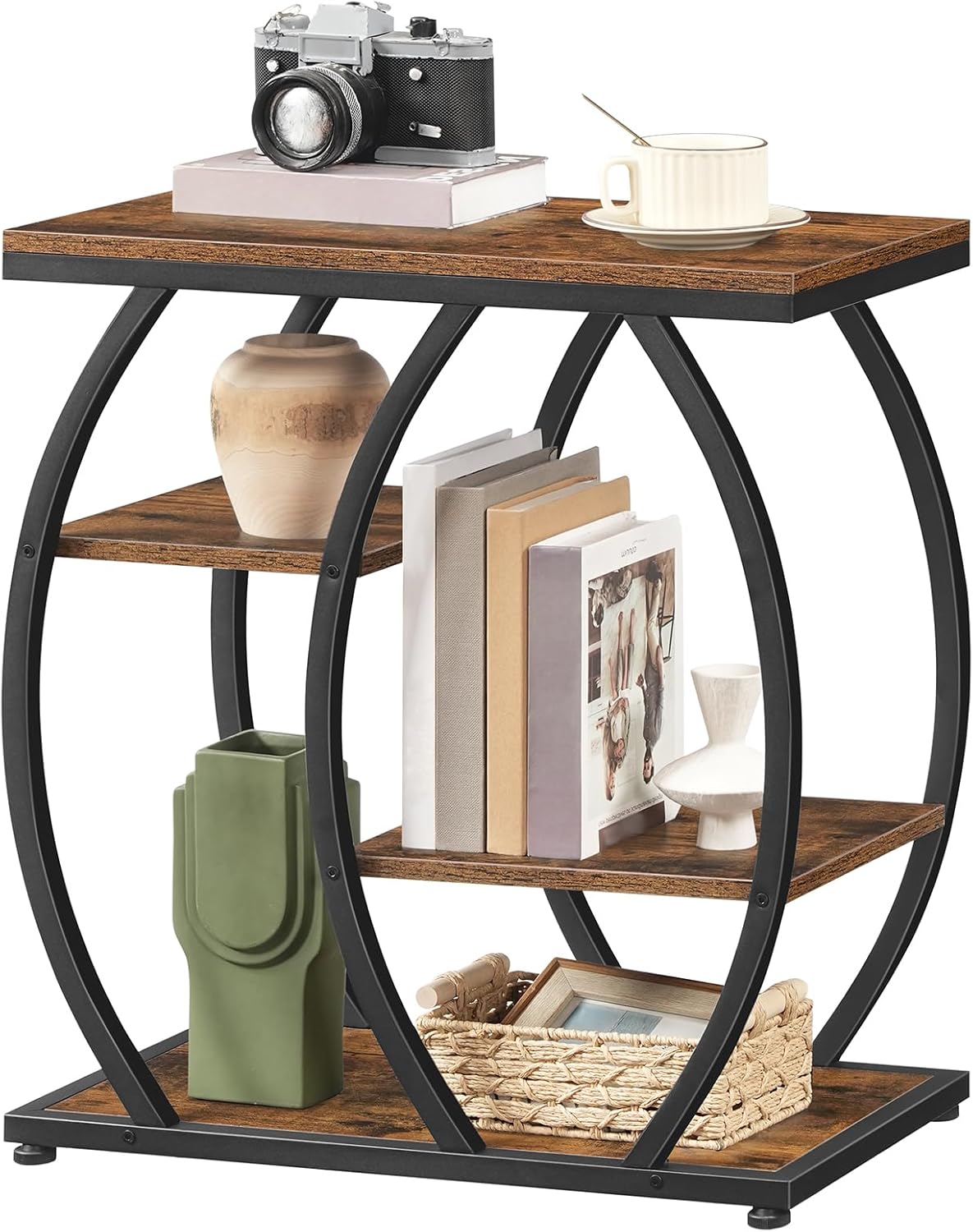 HOOBRO Industrial End Table, 4 Tier End Table with Storage Shelves, Small Side Table with Geometric Metal Frame, Night Stand for Living Room, Bedroom, Office, Rustic Brown and Black BF164BZ01
