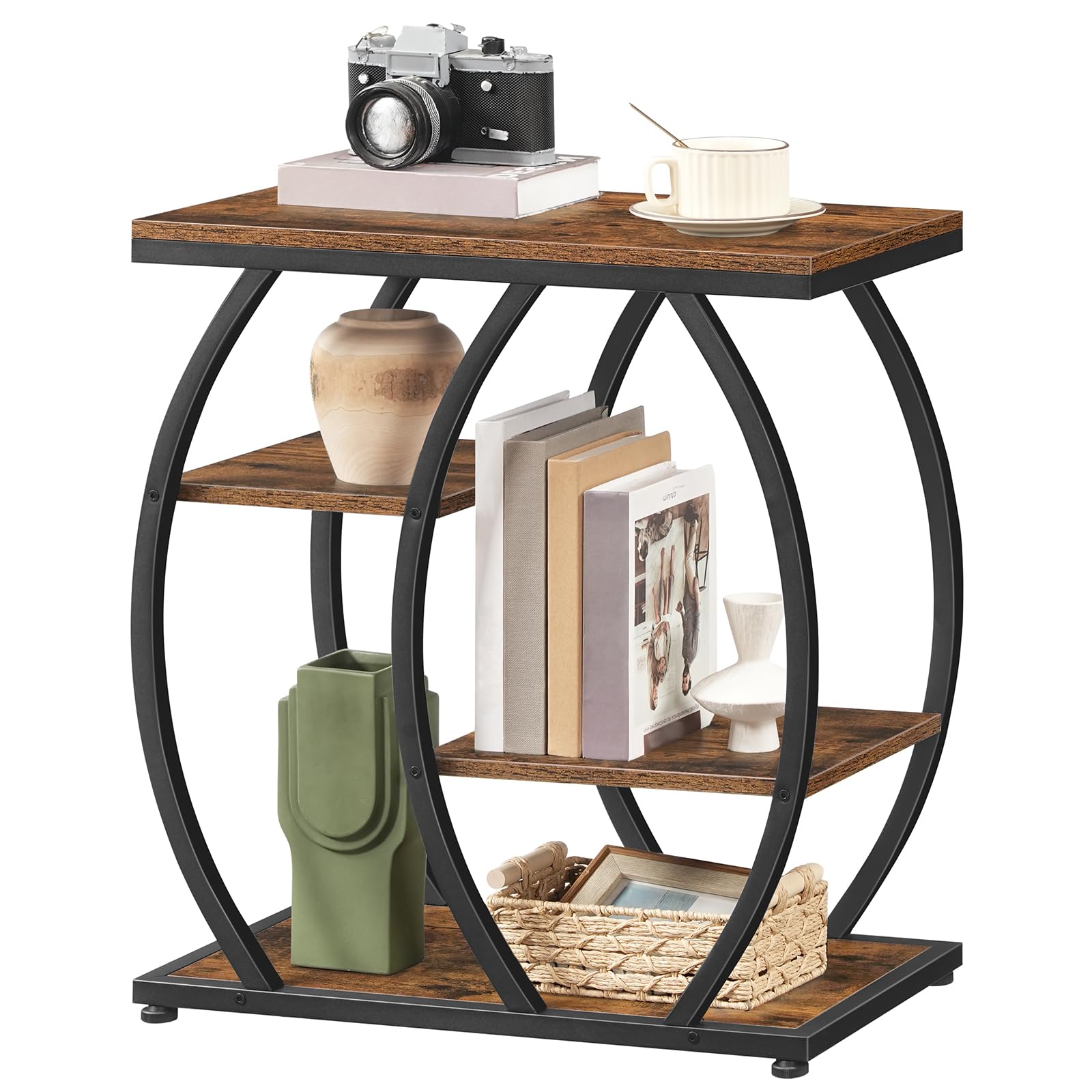HOOBRO Mesa Auxiliar Estilo Industrial, Mesita de Centro con 4 Estantes, Mesa de Sofá Estrecha con Tableros y Estructura Metálica, para Sala, Dormitorio o Despacho, Marrón Vintage y Negro EBF164BZ01