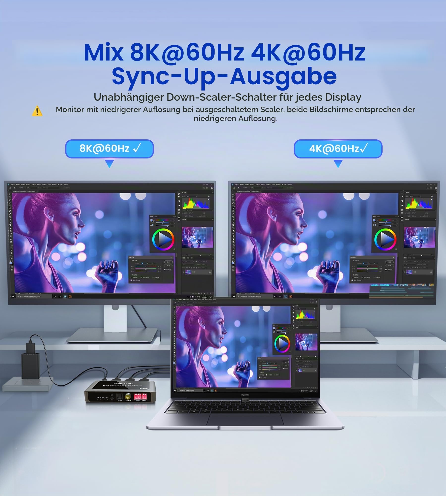 HDMI Audio Extractor 8K@60Hz Splitter 1 In 2 Out mit Audio Out, HDMI zu 2X hdmi + Toslink SPDIF + Koaxial + 3,5mm, unterstützt Dobly Atmos 7.1, DTS, HDCP 2.3, Down Scaler, ideal für TV, PS5, Soundbar