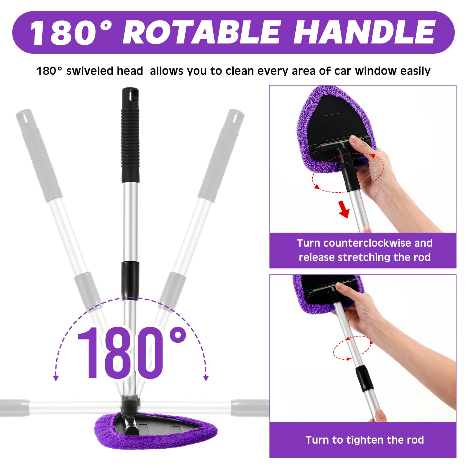 Baderke 10 piezas de limpiador de ventanas de coche, suministros de limpieza de parabrisas con mango extensible, incluye 6 capó de microfibra lavable y reutilizable, 2 botellas vacías de 60 ml, kit de