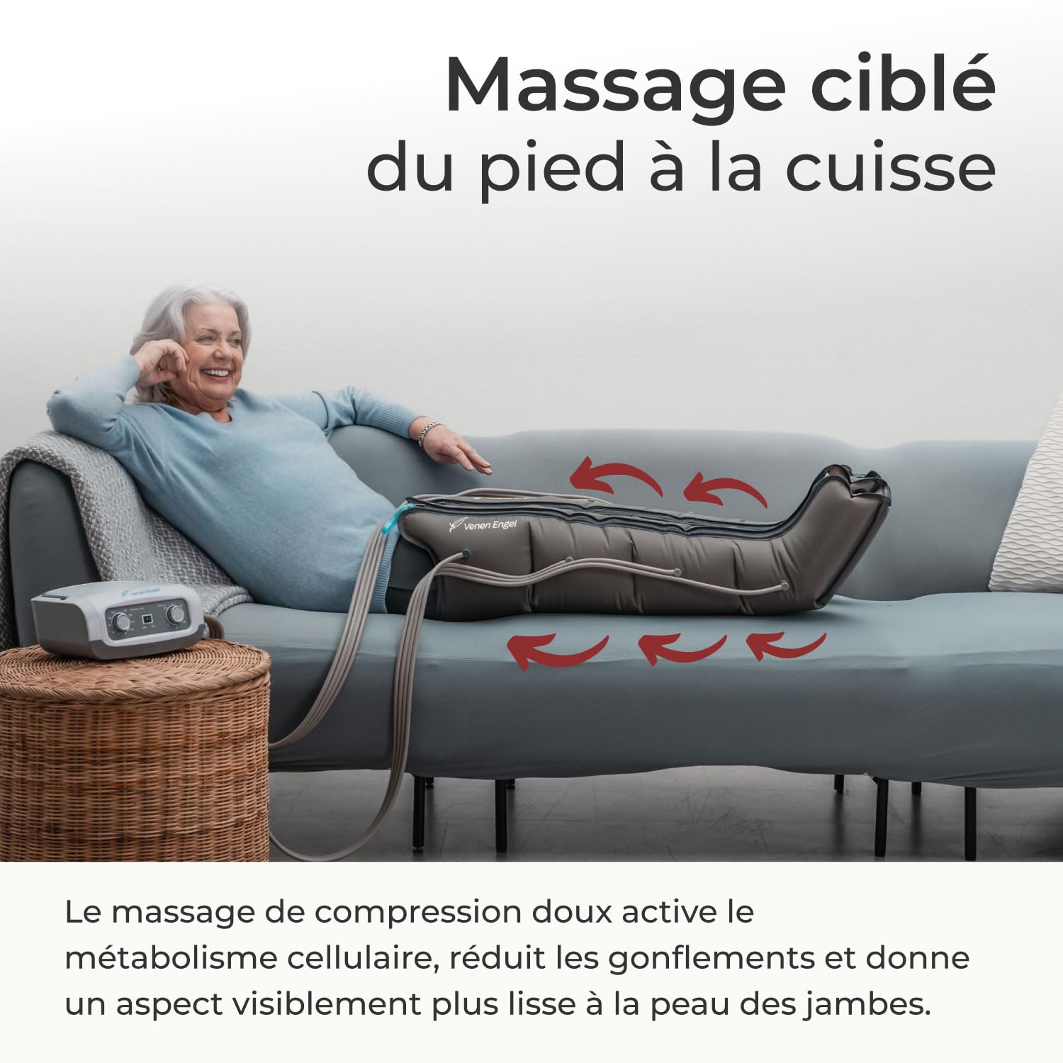 Vein Angel ® 4 appareil de massage par glissement avec bottes, 4 coussins d'air, durée & pression réglables facilement