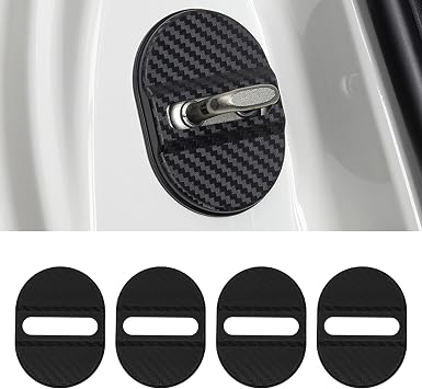 4PCS Car Door Latch Cover, Carbon Fiber Door Latch Protective Cover, Rustproof Car Doors Strike Protector Silencer Shock Absorber, Universal Self-Adhesive Doors Lock Guard Stopper Black