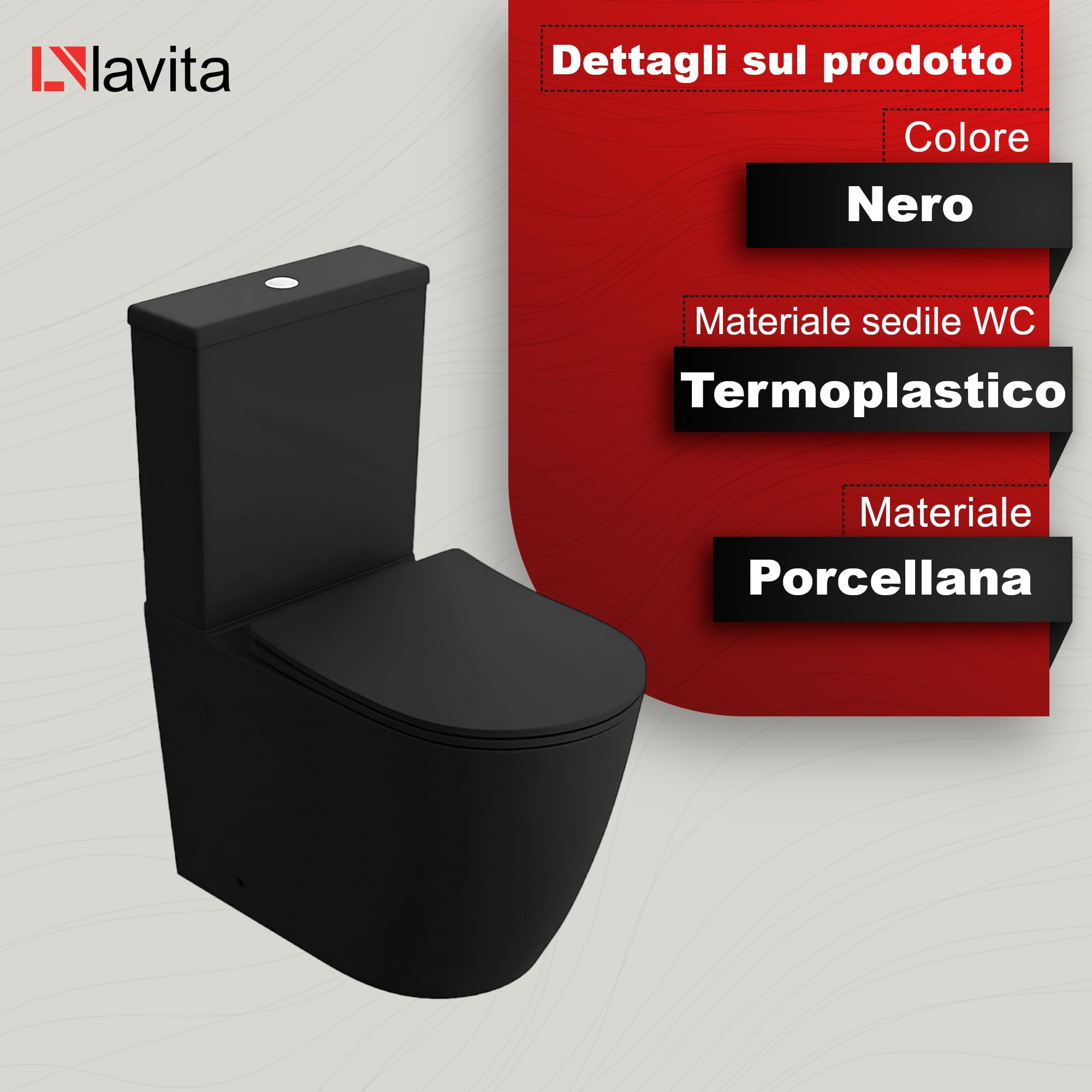 LAVITA WC monoblocco con cassetta di scarico integrata NAUTILIUS BLACK Coperchio WC con chiusura ammortizzata WC in ceramica senza brida Vaso WC Vaso WC verticale + raccordo WC