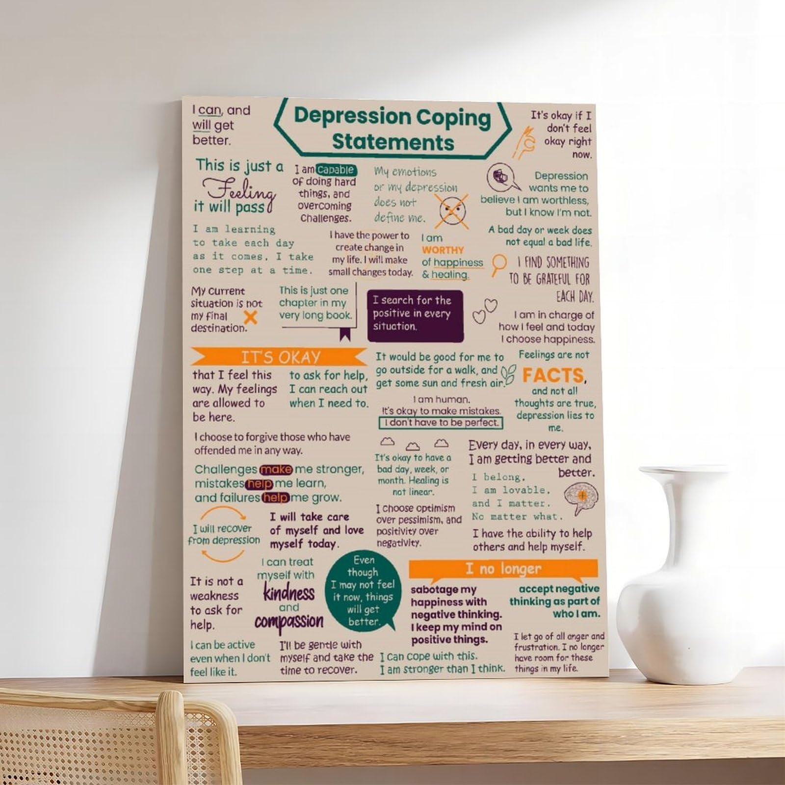 Poster auf Leinwand zur Bewältigung von Depressionen, Depressions-Bewältigungserklärungen für Kinder und Jugendliche, Hilfsmittel auf Leinwand, Wandkunst, Schlafzimmer, Büro, Küche, Dekoration