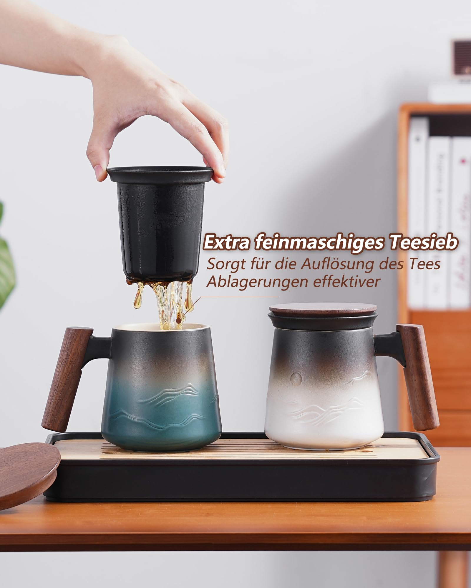 ZENS Teetasse mit Deckel und Sieb, 430ml Holzgriff Groß Teebecher mit Teesieb und Holz Deckel für Losen Tee, Keramik Teetassen Geschenk für Teeliebhaber, Schwarz und Grün