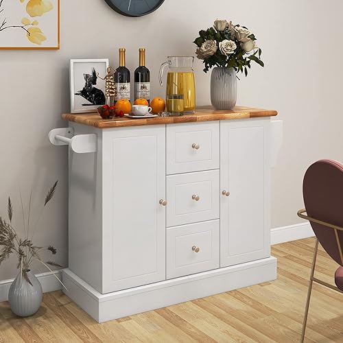 Miniatura 2 de LOKO Isla de cocina con almacenamiento, carrito de cocina rodante con encimera de madera de goma, estante para especias, toallero y 3 cajones, isla