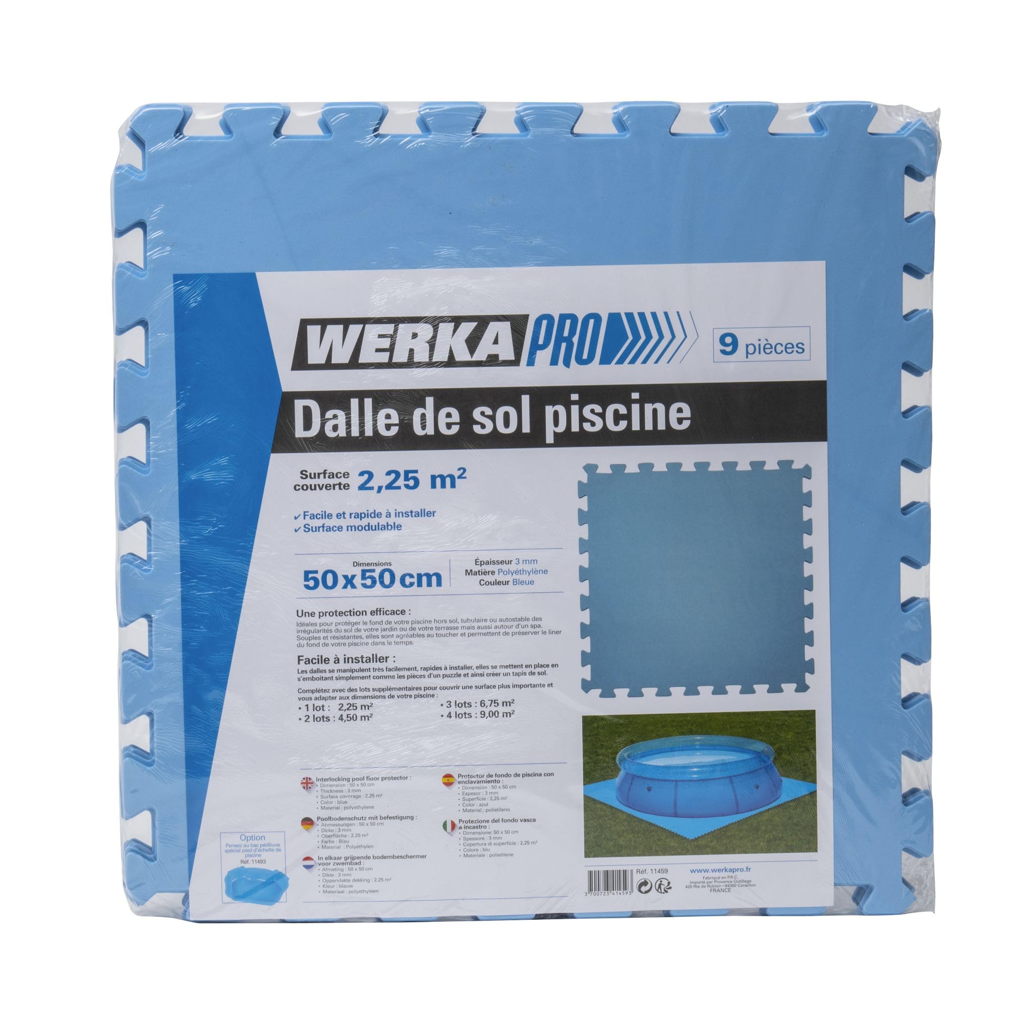 WERKA PRO, Lot de 9 Dalles de Sol Piscine, Dimensions : 50 x 50 cm, Matière : polyéthylène, Surface Couverte par Le Lot de 9 Dalles : 2,​25m², Coloris : Bleu, Tapis de Sol pour Piscine