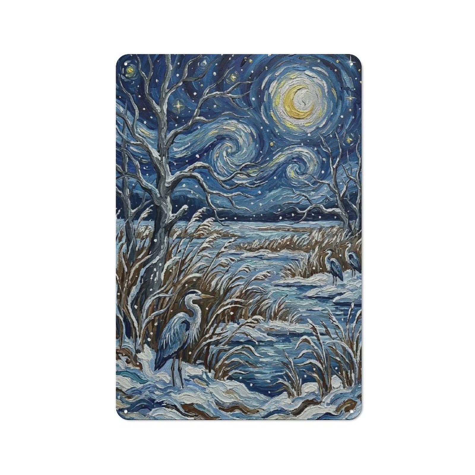 Junmoney Style-18 Herons In A Snowy Starry Night Landscape Decorative Tin Plaque 30X20cm, Decorative Novelty Wall Art For Hallway, Home Bar, Garage Or Study