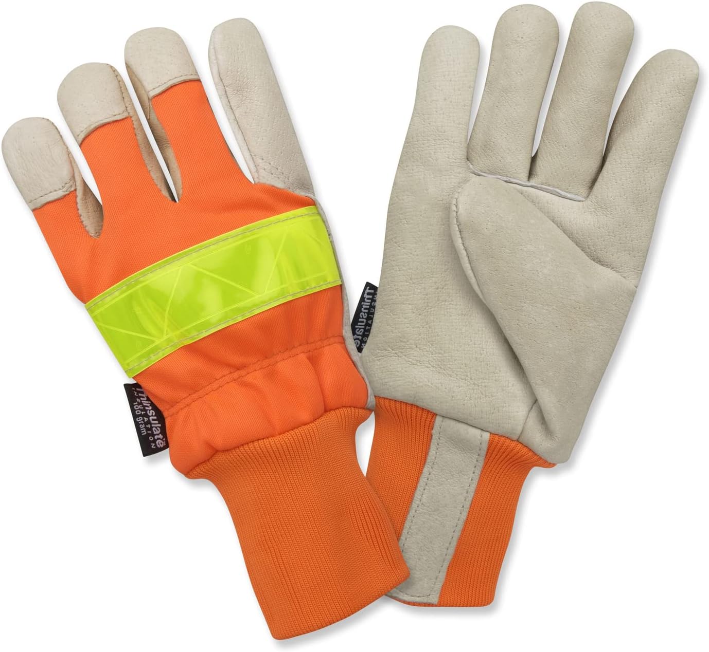 Cordova F8760XL Premium Grain Pigskin Leather Palm Gloves, Thinsulate Lined, Hi-Vis Orange Back, Lime Reflective Tape On Back, Knit Wrist, X-Large, 12-Pack