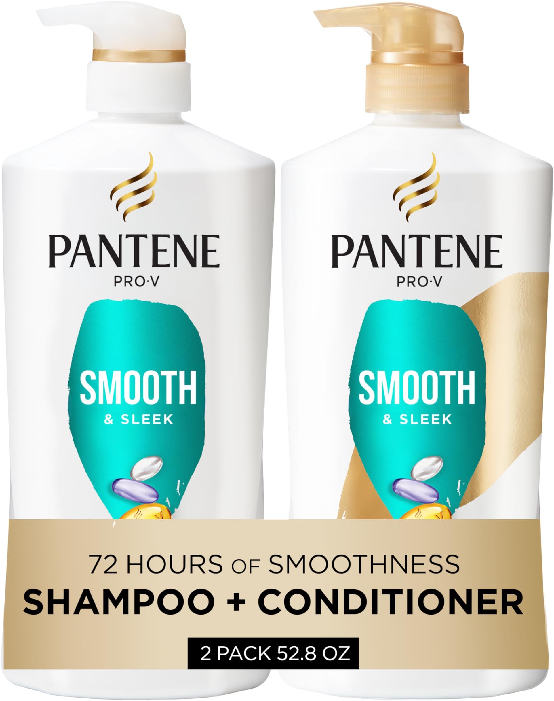 Pantene Shampoo & Conditioner Set, Smooth and Sleek - Frizz Control with Antioxidants, Nourishing for All Hair Types - Curly, Dry, Color-Treated, 52.8 Oz Total + Miracle Rescue Shot (0.5 Oz)