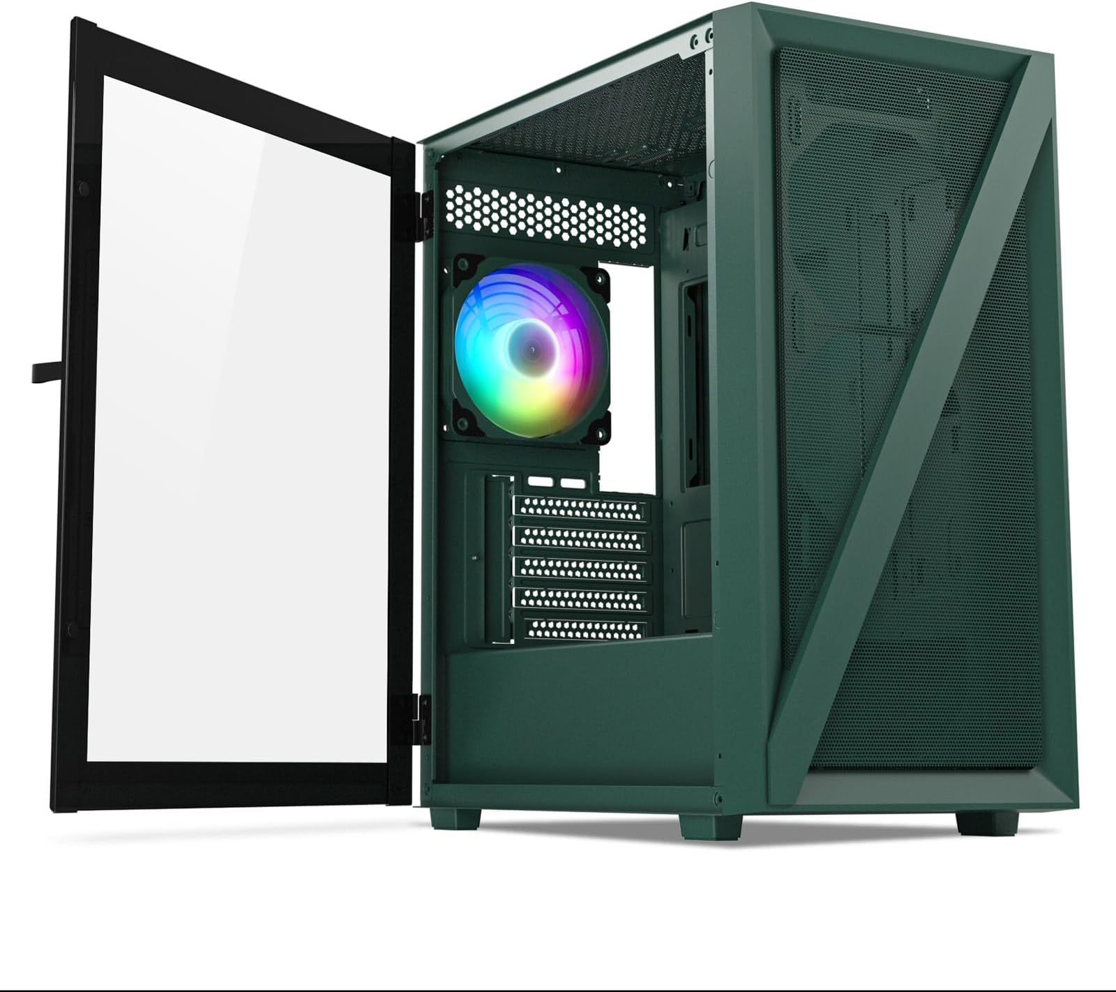 VetrooM05 Micro ATX Computer PC Case with Door Open Tempered Glass Side Panel & Mesh Front Panel, Pre-Installed 120mm ARGB Fan in Rear, Support 240mm Radiator, Type-C Port - Army Green
