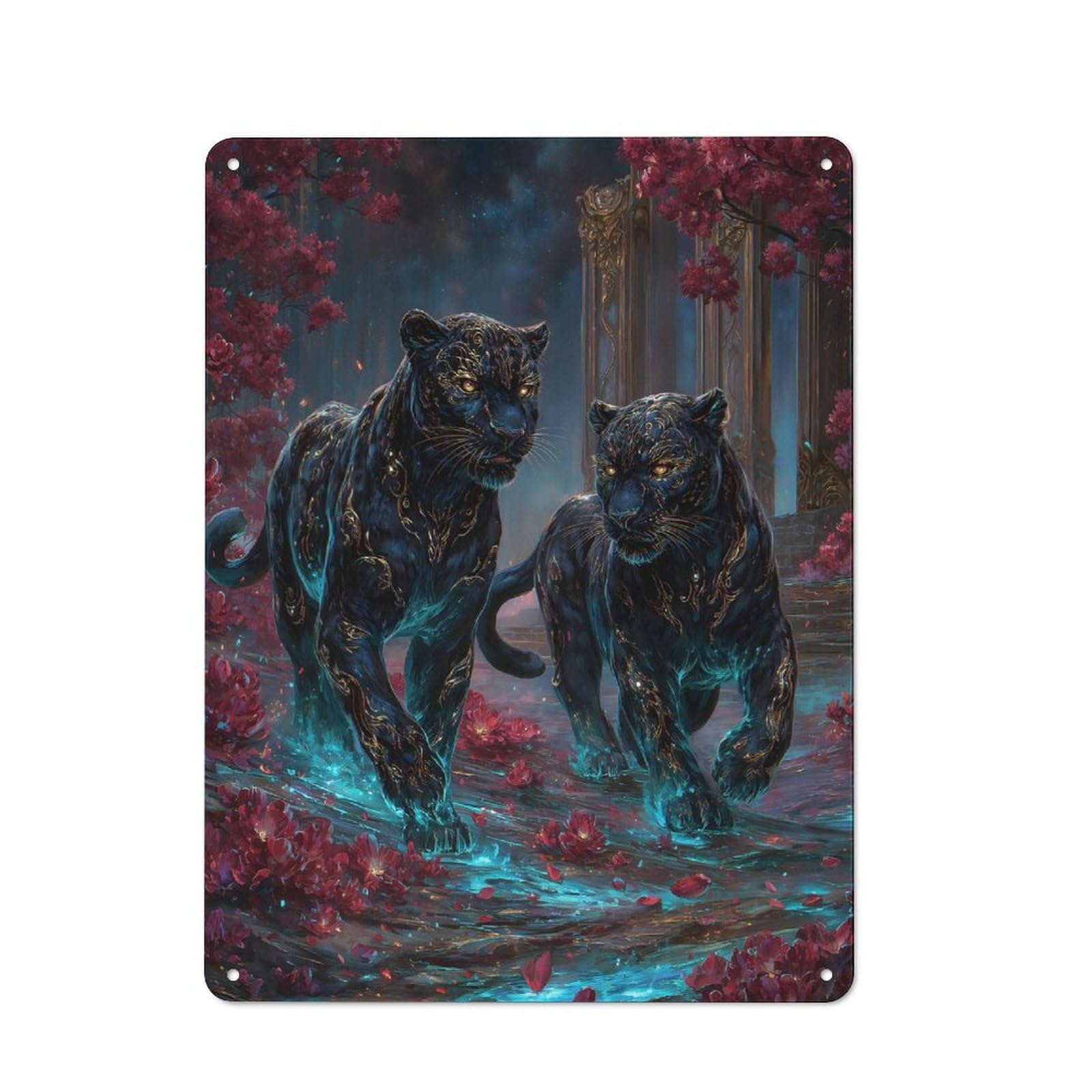 Metal Plaque 40x30cm with Two Black Panthers in Floral Landscape for Pub Or Café, Retro Decor, for Pub Decor Enthusiasts Refreshing A Room in Autumn