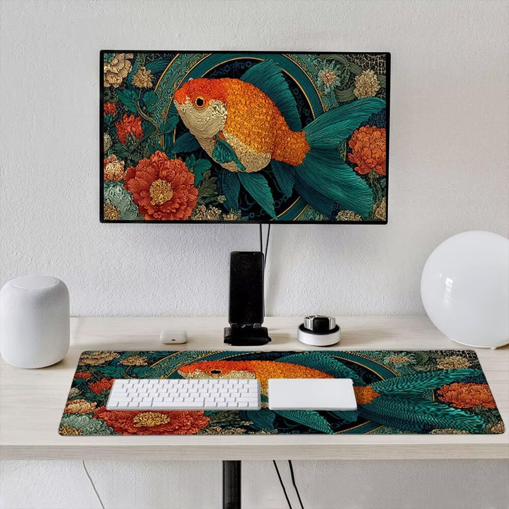 Duża podkładka pod mysz do gier XXL 1800 x 900 x 3 mm z zszytymi krawędziami, trwała antypoślizgowa podstawa z naturalnej gumy, zmywalna mata na klawiaturę, gry, dom biuro, złoty kwiat rybki xR6-396