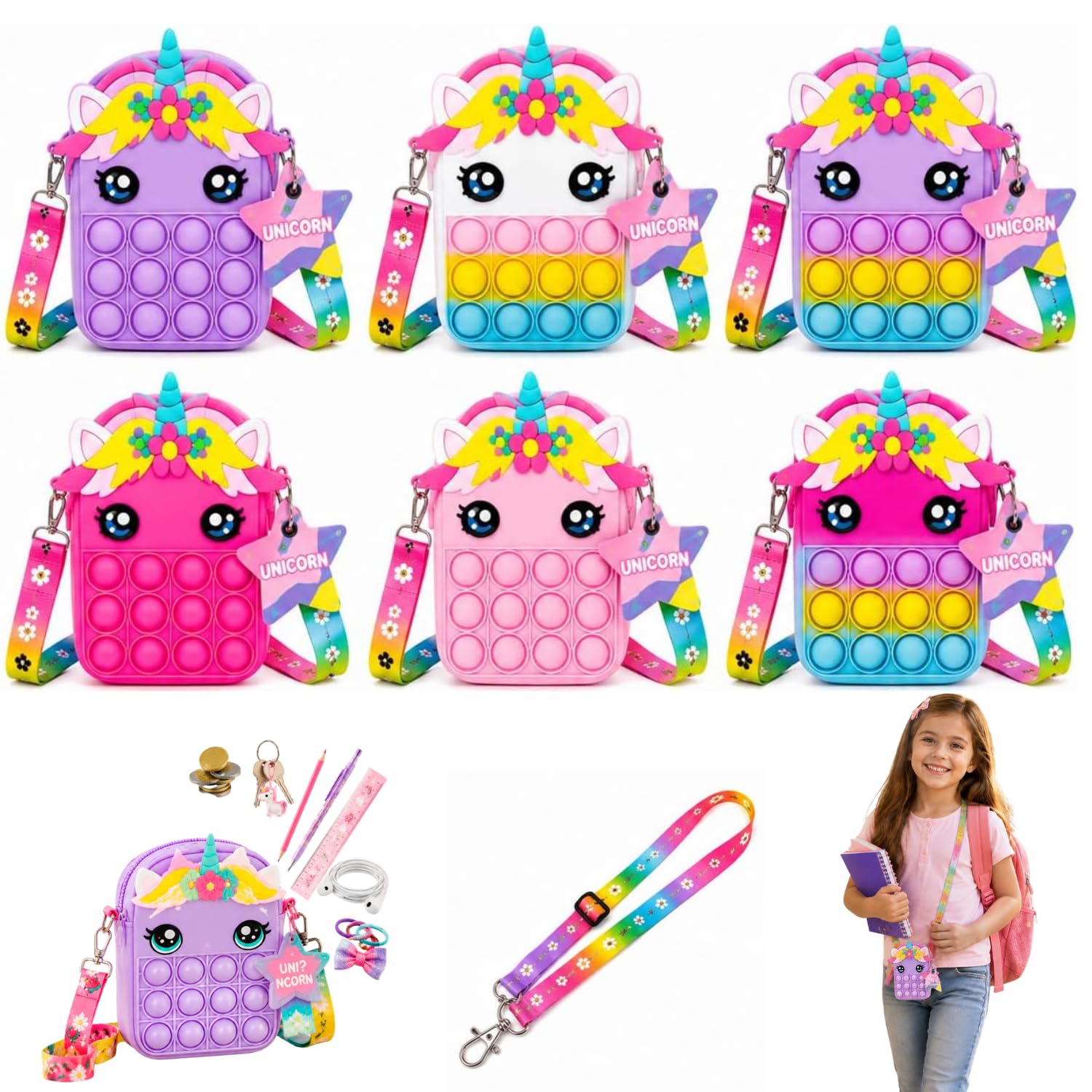1x Random Unicorn Fidget Bag with Pop-It Surface, Silicone Popper Handbag with Lanyard, Sensory Toy Storage Pouch for Coins, Stationery & Keys - 12cm