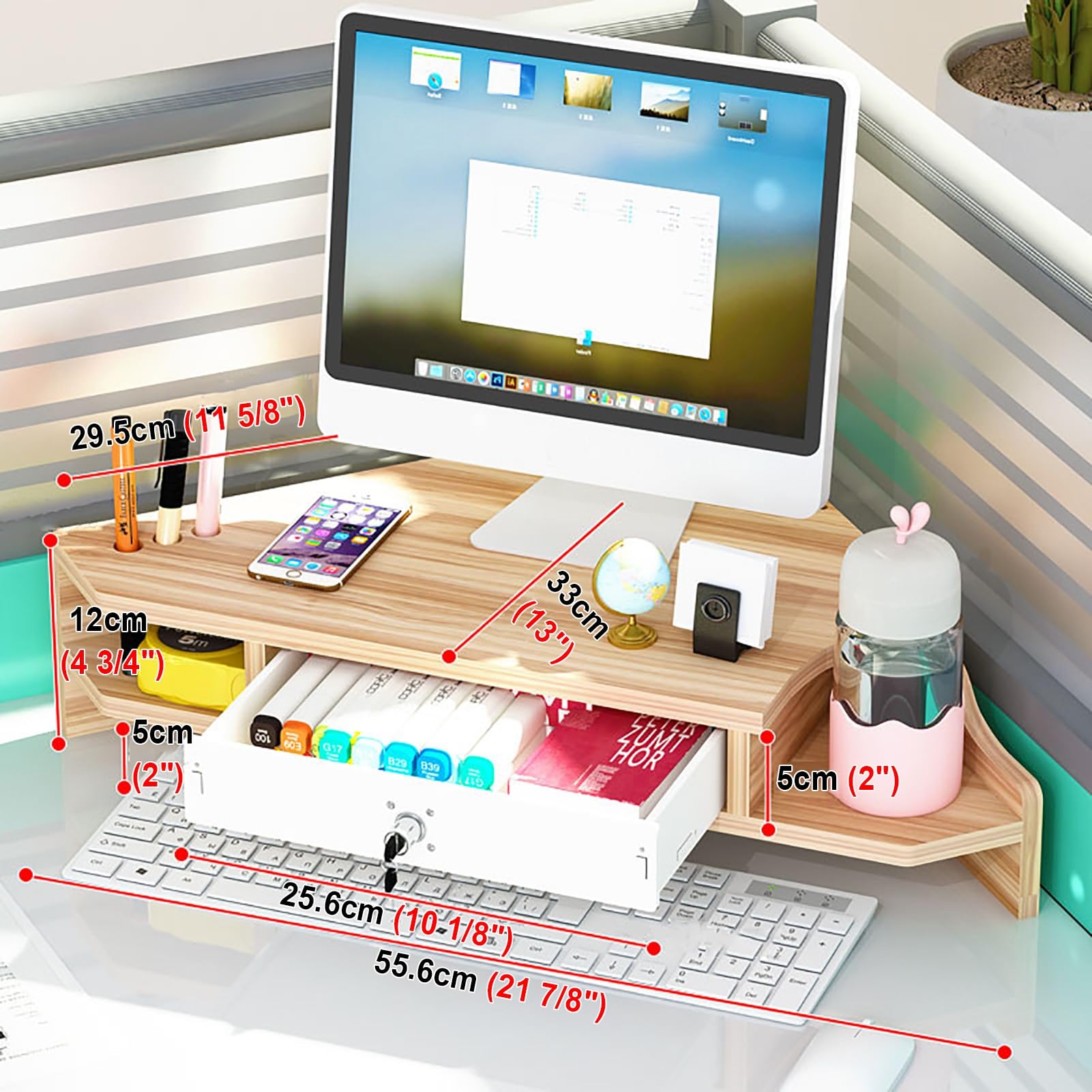 Podstawka narożna pod monitor, 2-poziomowa, z zamykaną szufladą i uchwytami na długopisy, ergonomiczna półka narożna do komputera, trójkątny organizer na laptopa do pokoju do nauki