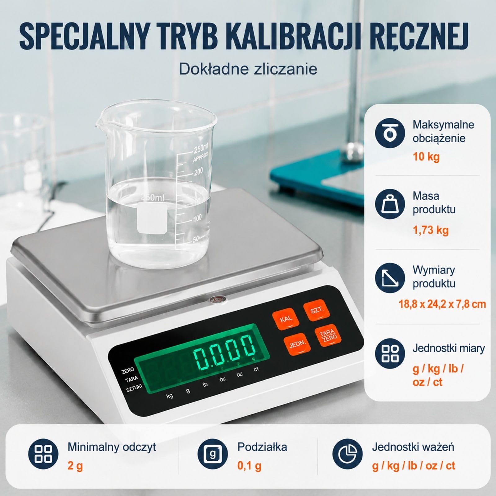Cyfrowa waga licząca do części i monet, 10 kg x 0,1 g, g/kg/lb/oz/ct, do inwentaryzacji, kuchni, biżuterii, z ekranem LED