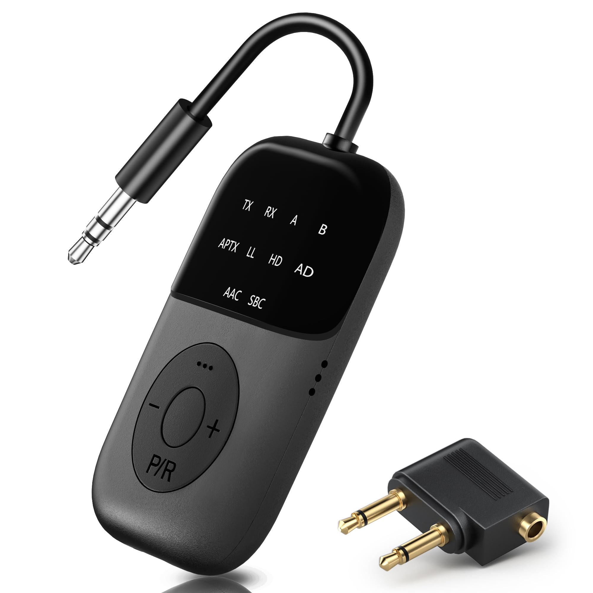 SOARUN 2-IN-1 Bluetooth 5.4 Adapter Transmitter, 24H Spielzeit, aptX Low Latency Airfly Gadgets, Bluetooth Empfänger Sender Klinke 3,5 für Airpods, Flugzeug, Kopfhörer,TV, Audio System, Auto