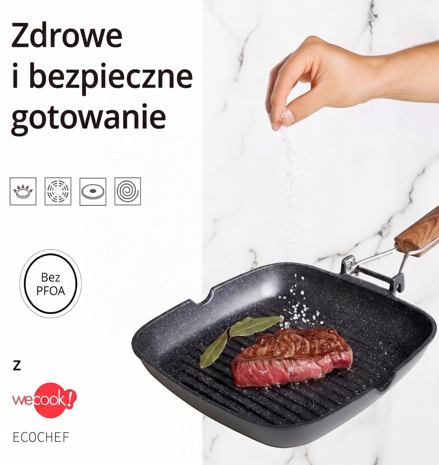 WECOOK! Ecochef tytanowa patelnia do grilla indukcyjna, falista 28 x 28 cm, powłoka nieprzywierająca, Quantanium Ekologiczna PFOA, odlew aluminiowy, grubość 5 mm, składany drewniany uchwyt, ceramika
