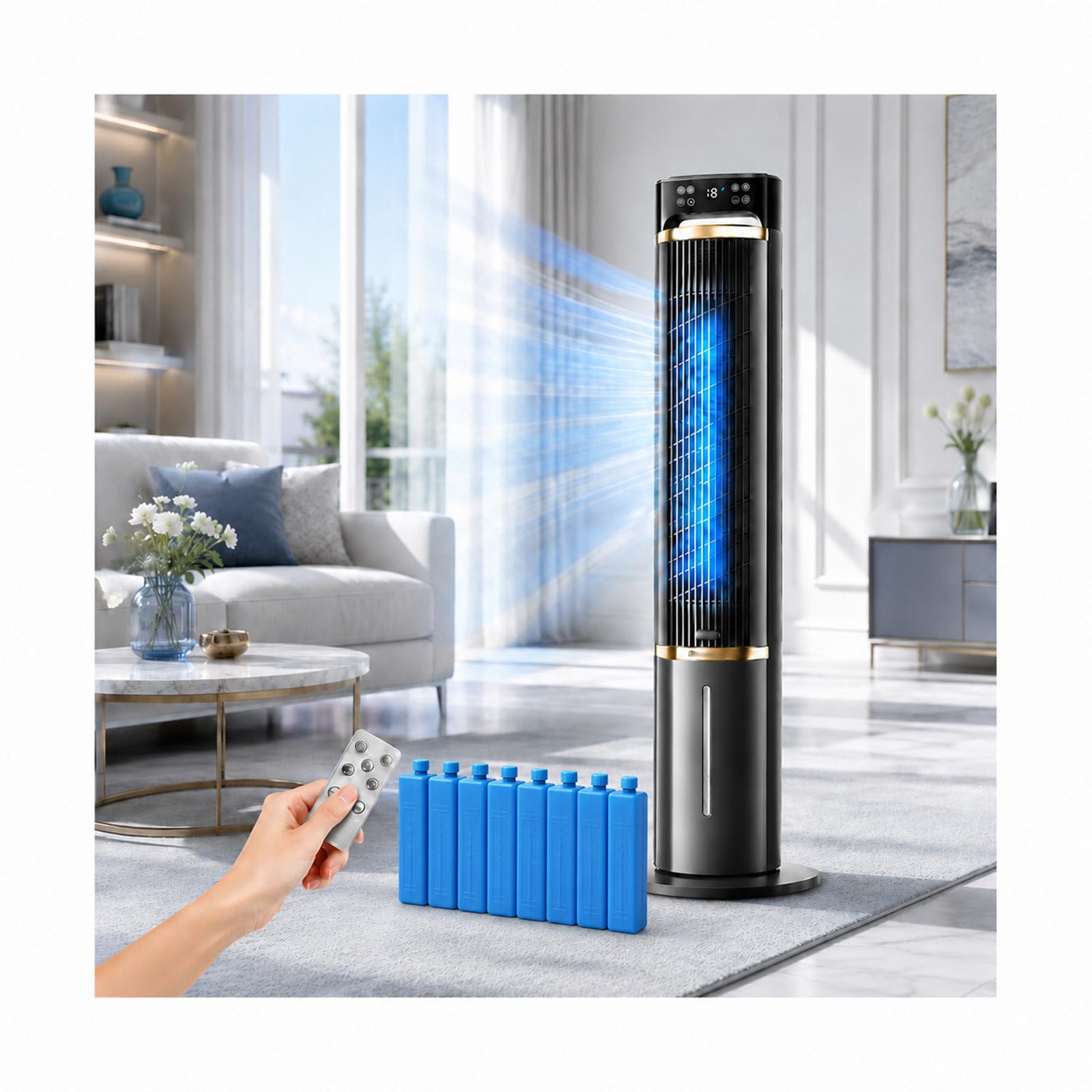 Aire Acondicionado Portátil, Climatizador con 3 Velocidades, Timer 12h | Ventilador de Torre Silencioso con Acumuladores de Hielo, Humidificador, Pantalla Táctil, Mando y Oscilación