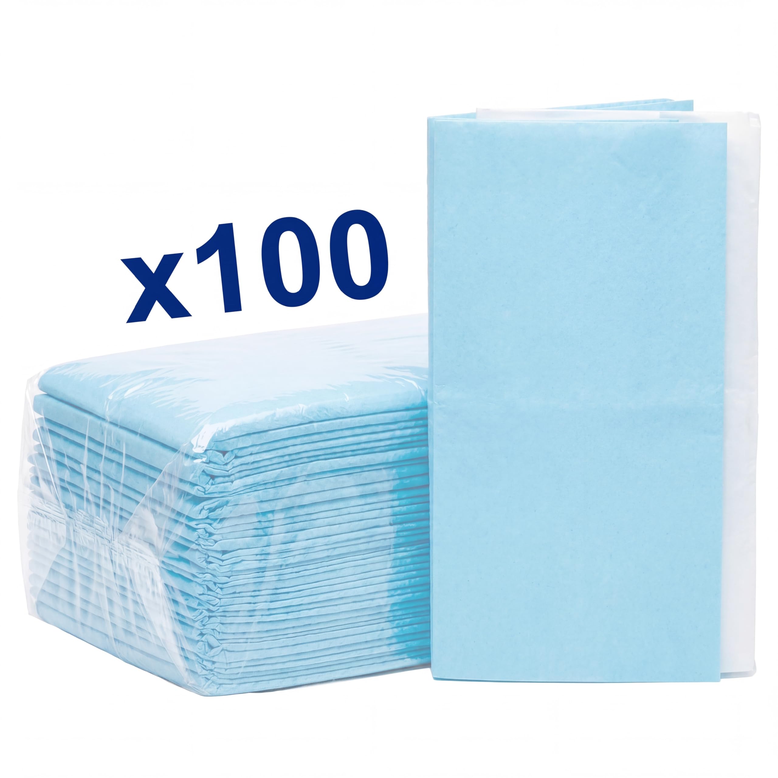 KMINA Bavoirs Jetables Bleus pour Adulte (100 Unités) 37 x 55 cm avec Poche Col Ouvert avec Liens Imperméables et Absorbants Taille Unique Sans Latex