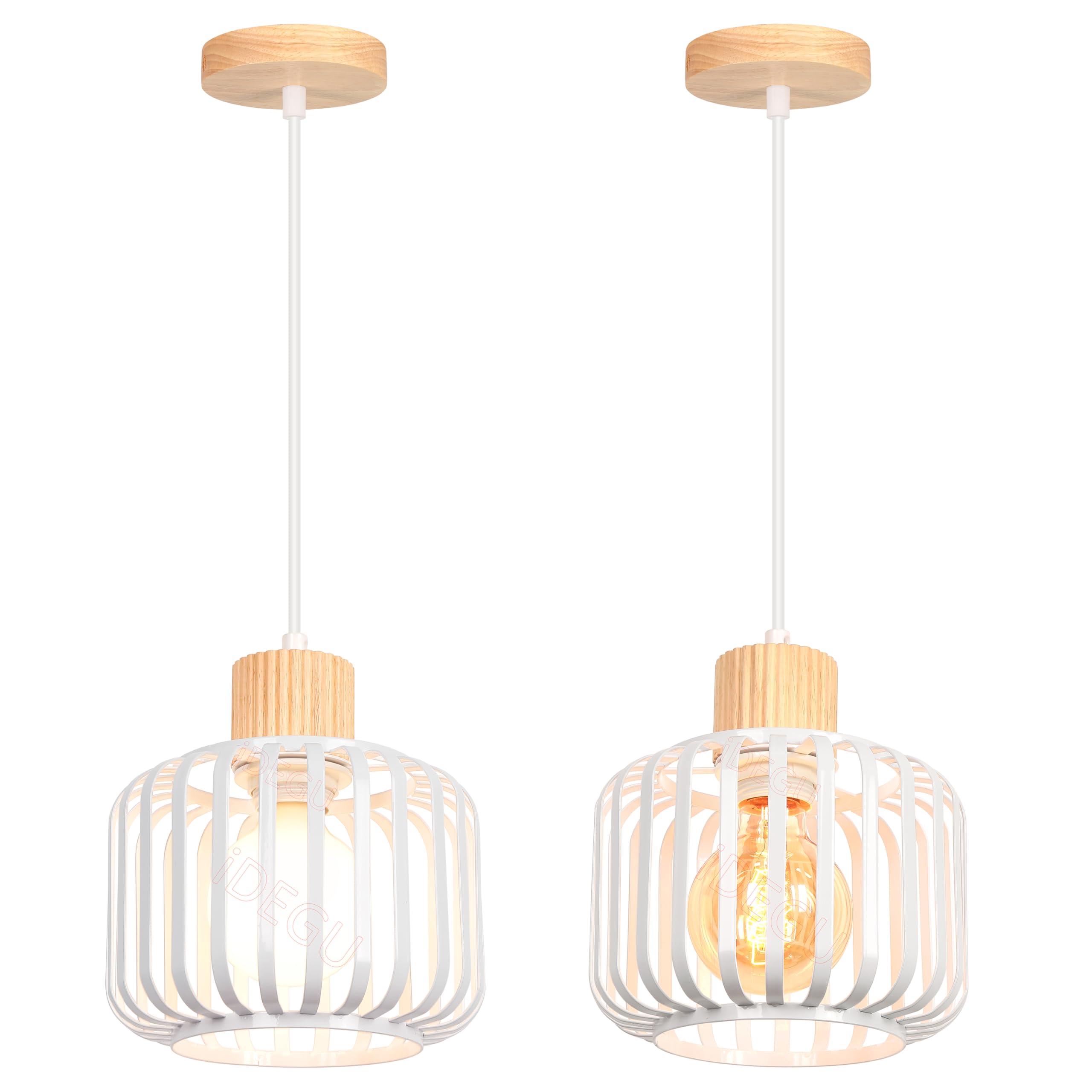 iDEGU 2 Piezas Lámparas Colgantes Vintage 18cm Lámpara de Techo Industrial en Madera y Metal Jaula E27 Iluminación de Techo Retro Luz Colgante para Dormitorio Salón Cocina Comedor Cafetería (Blanco)