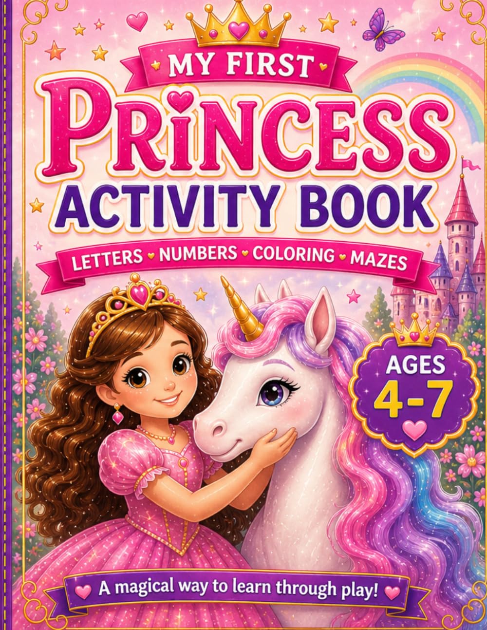 Princess Activity Book for Girls Ages 4-7- Letters, Numbers, Coloring & Mazes: Fun Learning Workbook for Kids (Magical Activity Books for girls Ages 4-7)