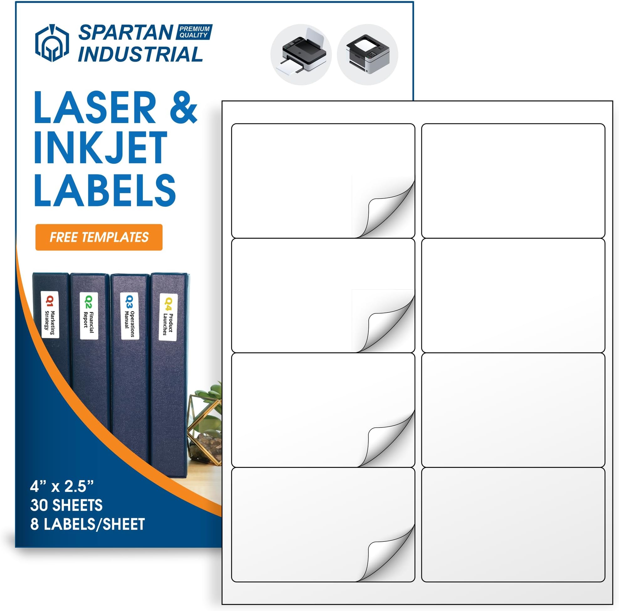 4" X 2 1/2" Printable Shipping Address Labels Compatible with Inkjet and Laser Printers - 30 Sheets, 240 Total Matte White Paper Stickers for Mailing - Spartan Industrial Template R020