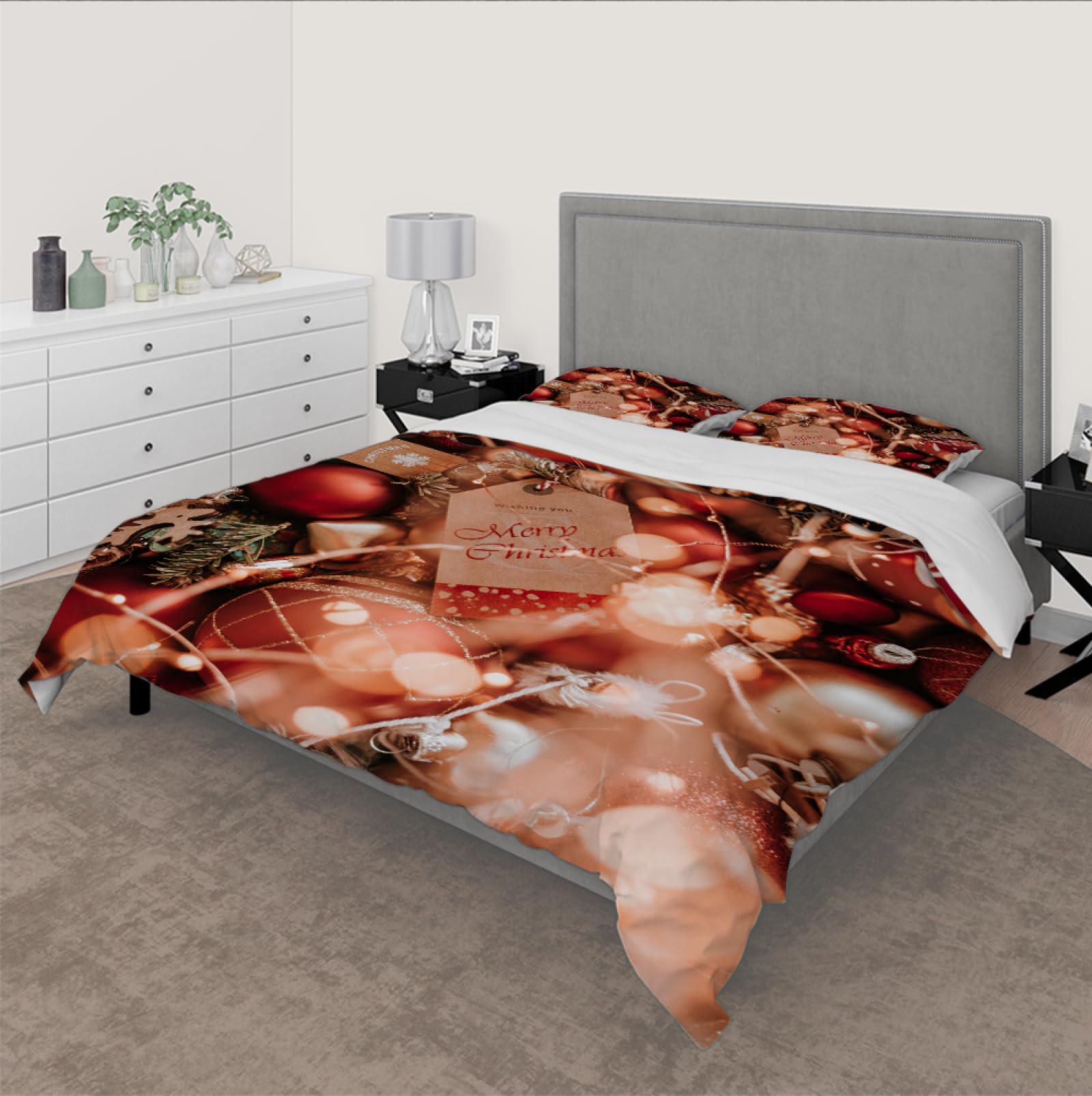 Housse de couette Noël 180x200 ornementale en microfibre douce premium à zip
