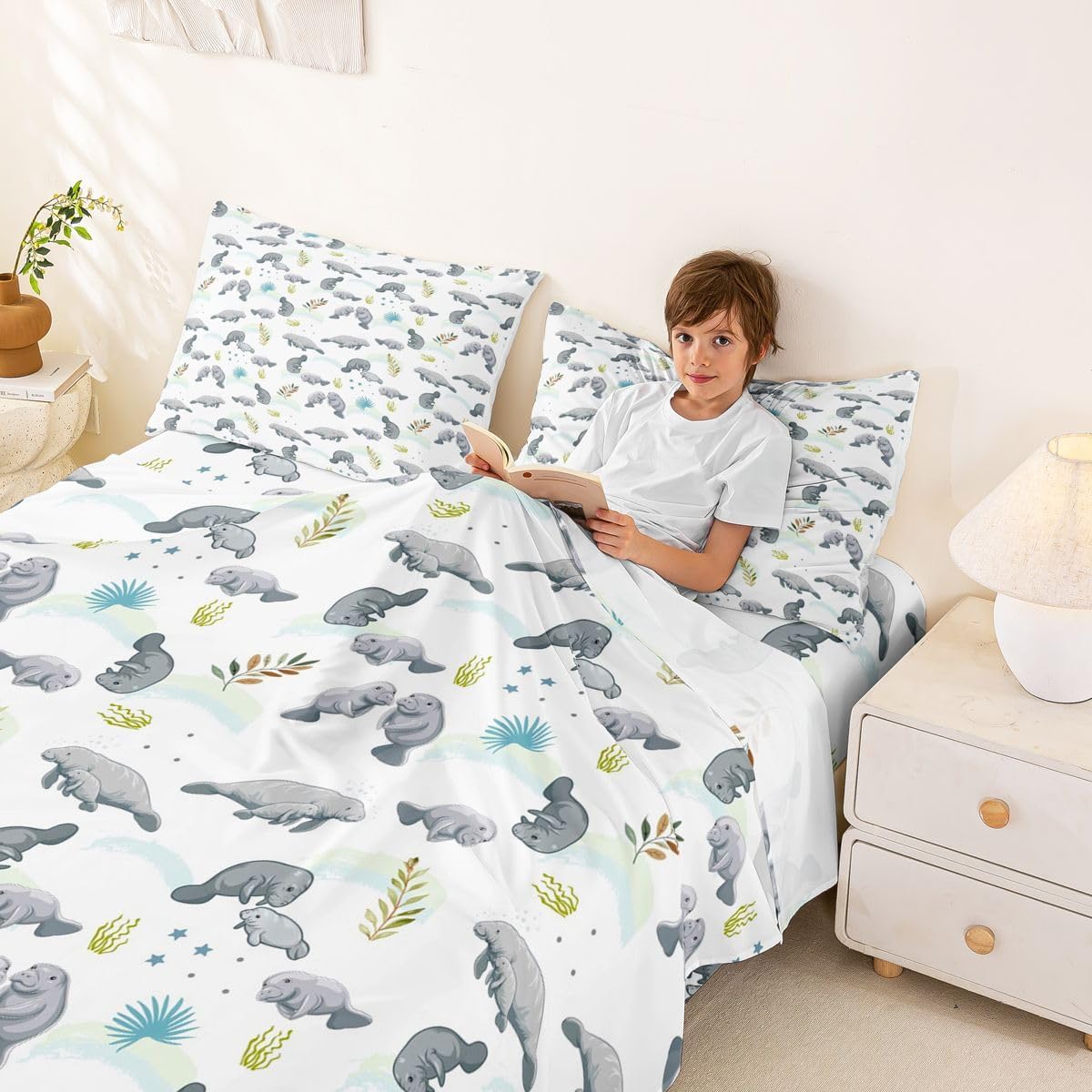 jejeloiu Manatee Sheet Set Queen Size Cute Marine Animals Sheets with Deep Pocket Fitted Sheet for Kids Teens Adults Cartoon Nautical Animals Bed Sheets Set Ocean Sea 4Pcs with 2 Pillow Cases