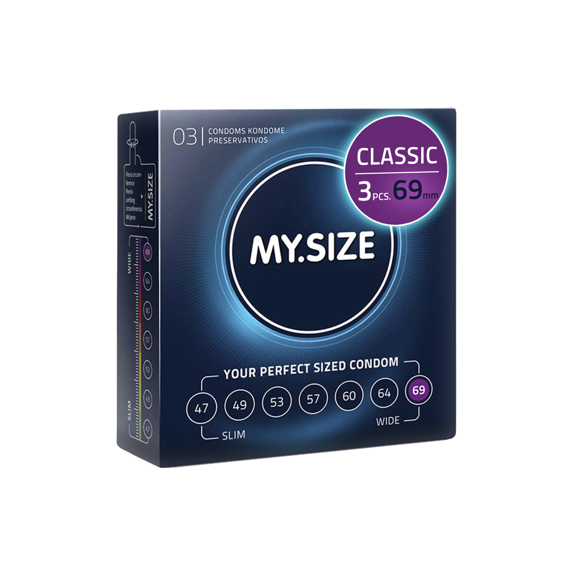 Classic Condoms Size 7 I 69 mm Width I 3 Pieces Trial Pack I Premium Extra Thin 0.07 mm Wall Thickness I Vegan I for Men