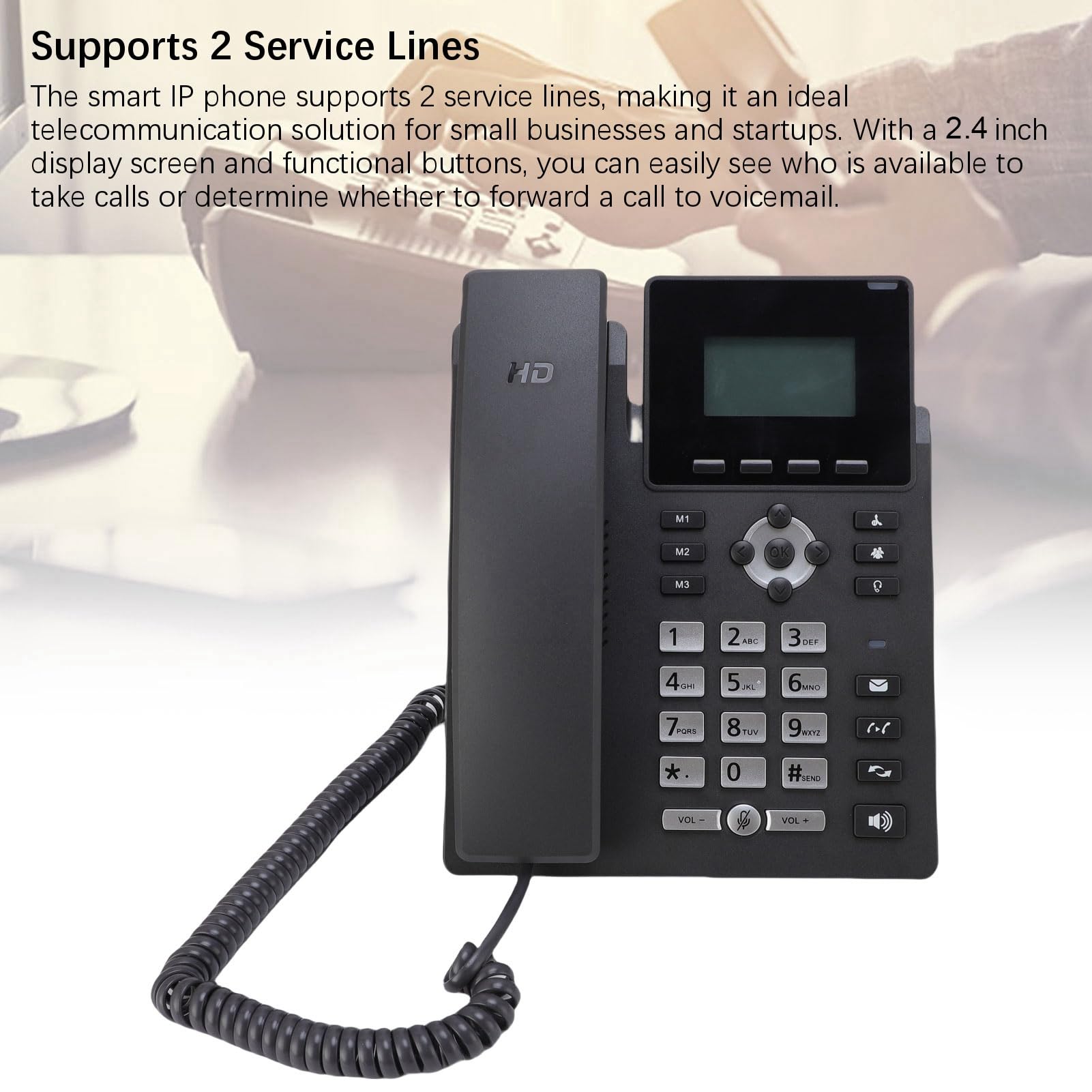 Telefono IP, display a colori da 2,4 pollici Telefono VoIP aziendale Doppia porta Gigabit PoE Telefono multimediale desktop per piccoli uffici (2 linee SIP)