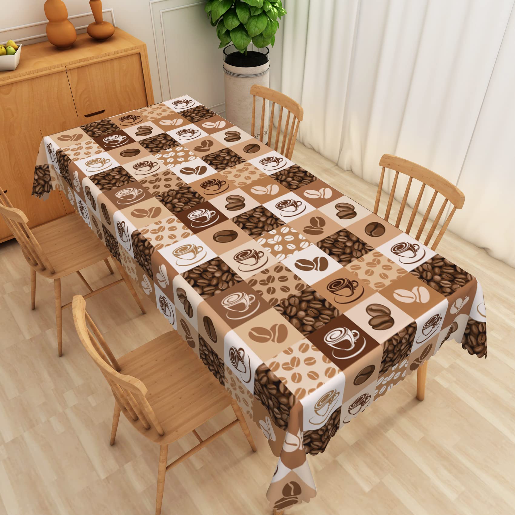 SIEDYCV Coffee Beans Print Rectangle Tablecloth, 54x78 Inch Hand Drawn Sketch Coffee Cups Vintage Brown White Plaid Fabric Table Cloth,Waterproof